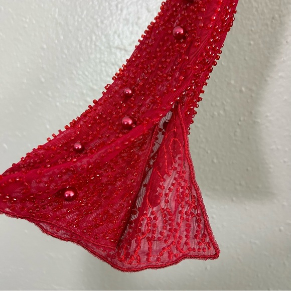 Oh Polly Deep Plunge Fully Beaded Red Long Sleeve Cowl Neck Mini Dress 8 Holiday - Picture 7 of 13